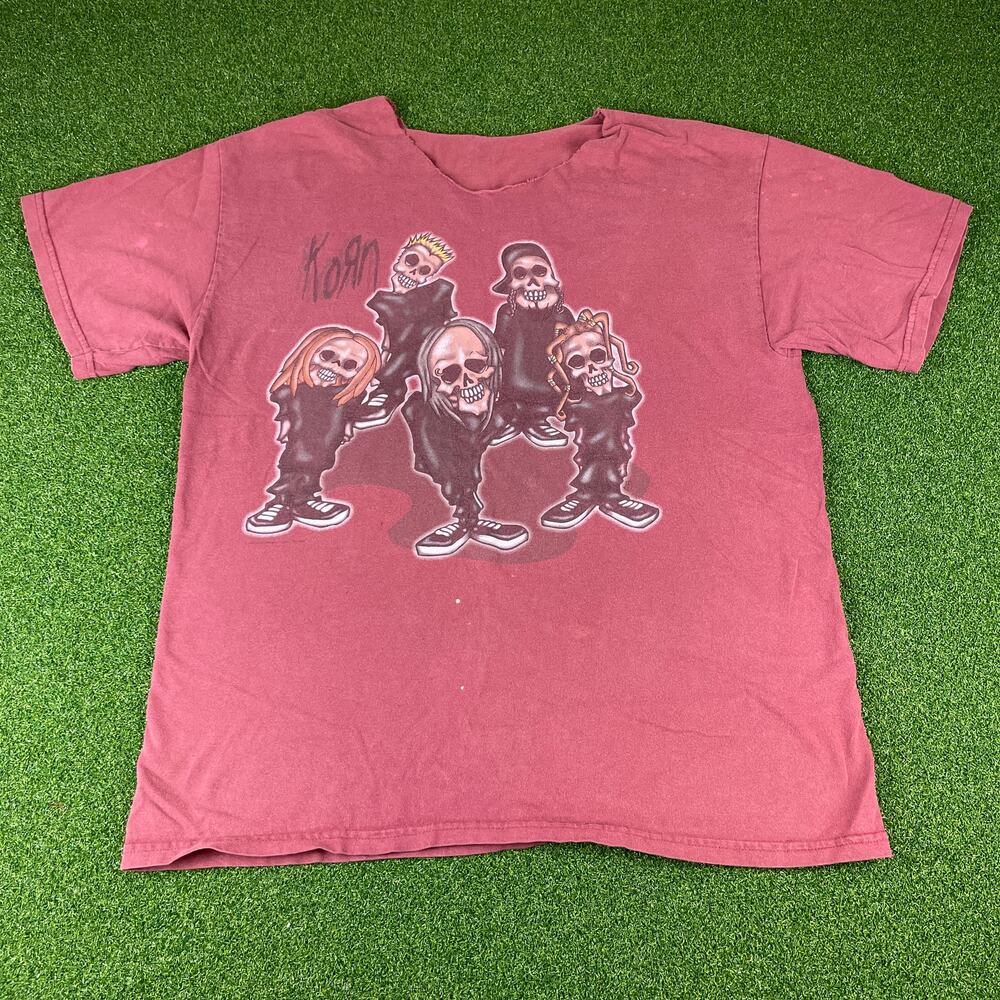 Vintage Korn Band T Shirt Skeleton Graphic Nu Metal Rock Concert Tee Faded Red
